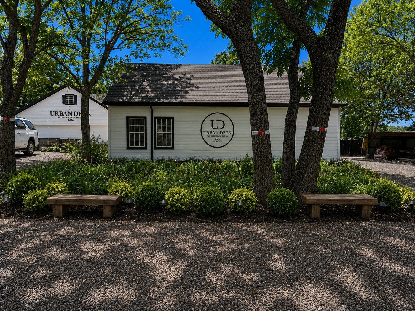 The entrance to Urban Deck on State Highway 121 in Blue Ridge, Texas